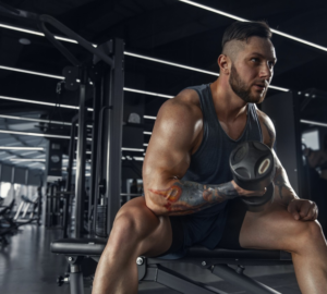 A muscular man in a gym wearing a sleeveless shirt, curled dumbbell on a bench during a workout.