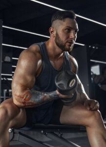 Muscular man with a sleeve tattoo on his left arm sits on a gym bench, curling a dumbbell during a workout.