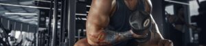Close-up of a muscular man in a gym lifting a dumbbell, showing a tattooed forearm during a curl.