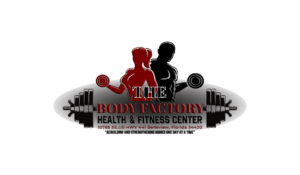 Logo for The Body Factory Health & Fitness Center featuring a red silhouette of a person lifting a dumbbell in front of a black silhouette, with gym equipment and weights on a dark background; includes the address 10785 SE US Hwy 441, Belleview, Florida 34420 and the slogan about rebuilding and strengthening bodies one day at a time.