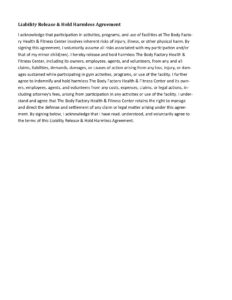 Page titled 'Liability Release & Hold Harmless Agreement' with a long waiver paragraph about risks and indemnification for gym activities at The Body Factory Health & Fitness Center.