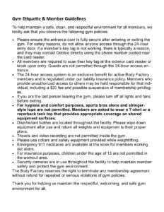 Gym etiquette and member guidelines: entrance security, access rules, dress code, disinfecting duties, and safety reminders.