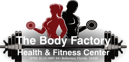 Logo for The Body Factory Health & Fitness Center with red and black silhouettes and a barbell, and the Belleview, FL address and slogan 'Rebuilding and Strengthening Bodies One Day at a Time'.