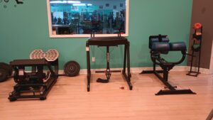 Home gym with teal walls, featuring a leg-extension machine, squat rack, and weight plates; a window reveals a larger workout area beyond.